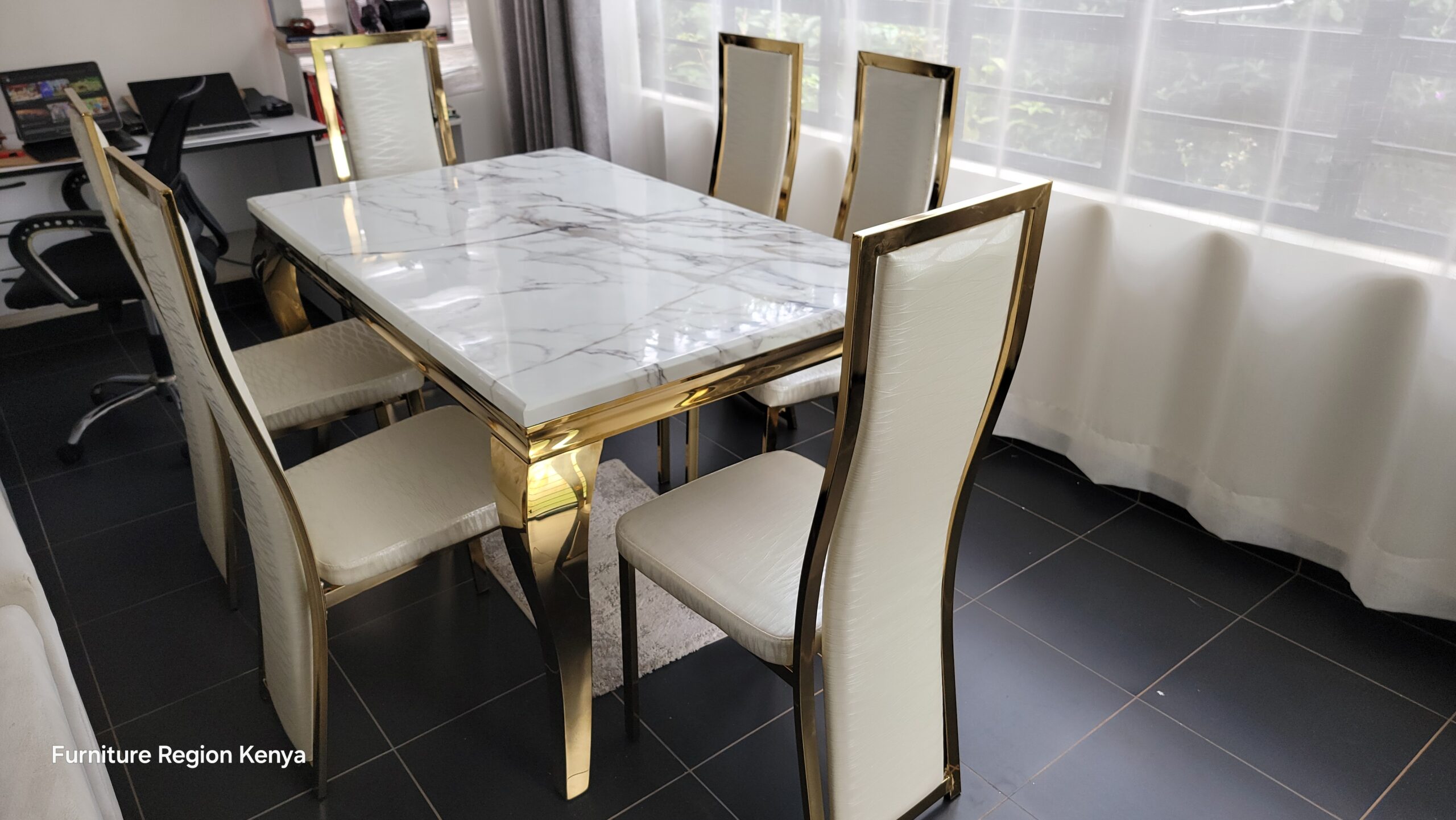 Marble Top and Leather Chairs, Six Seater Dining Table - Image 2