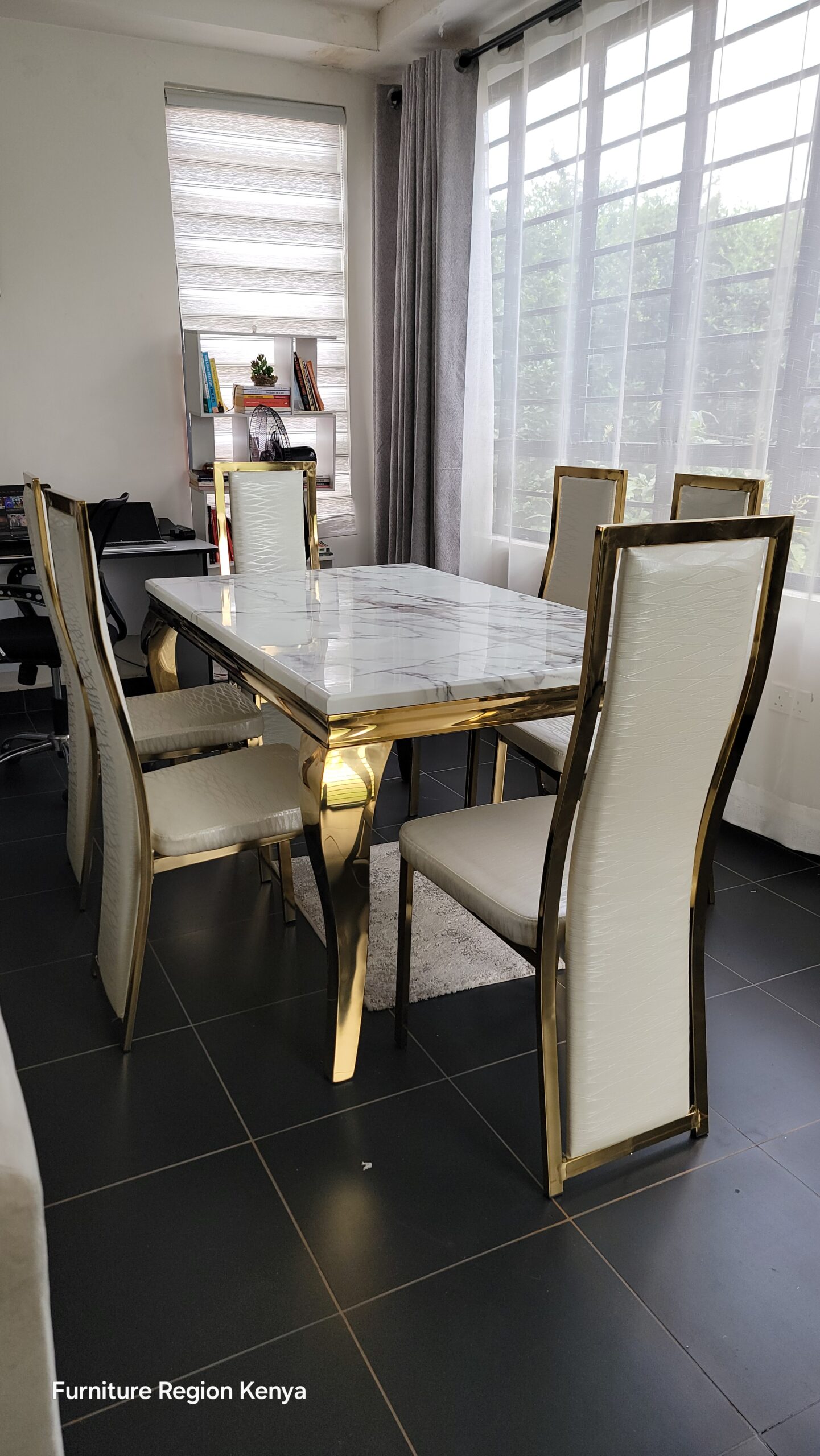 Marble Top and Leather Chairs, Six Seater Dining Table