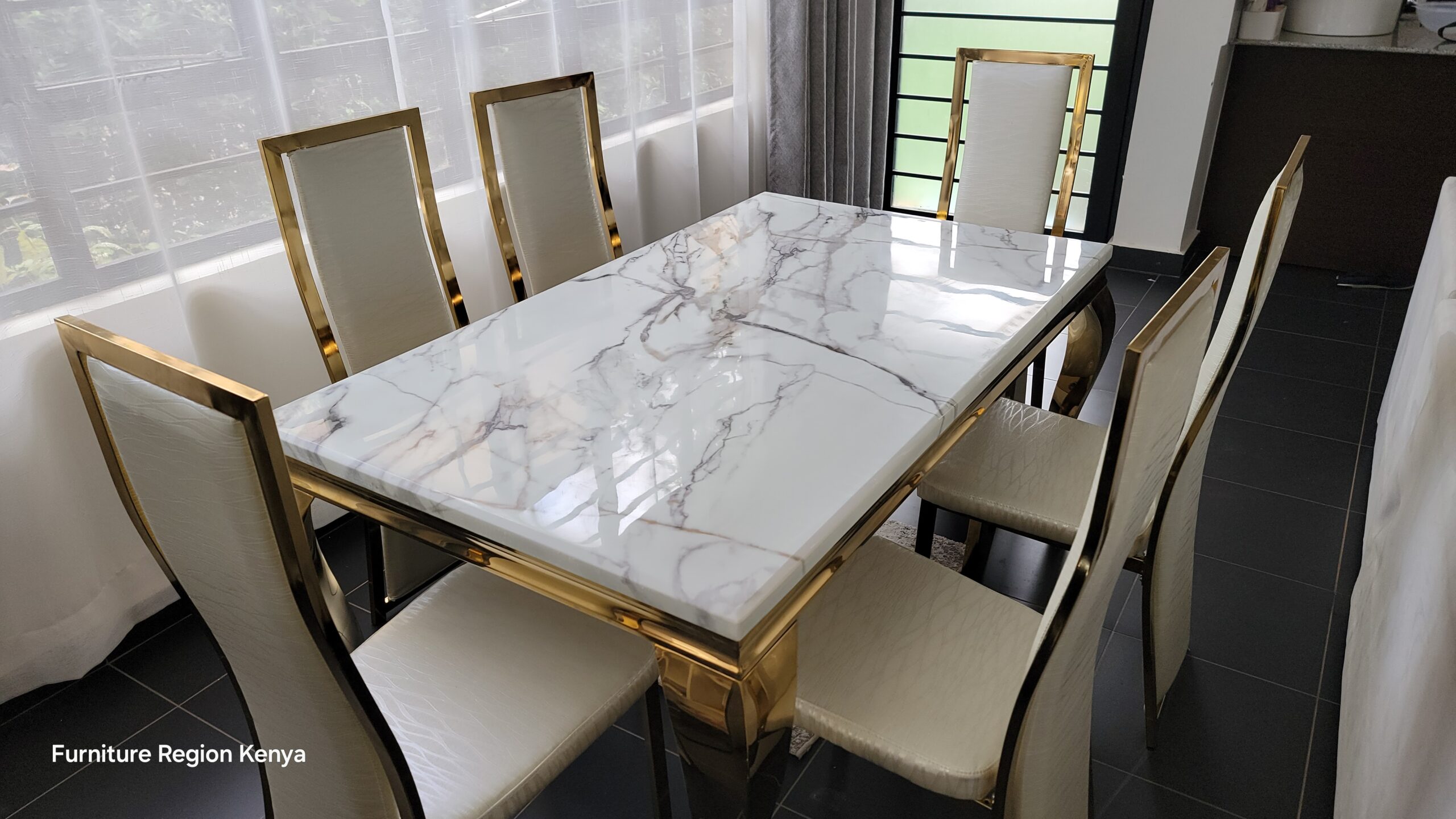Marble Top and Leather Chairs, Six Seater Dining Table - Image 3
