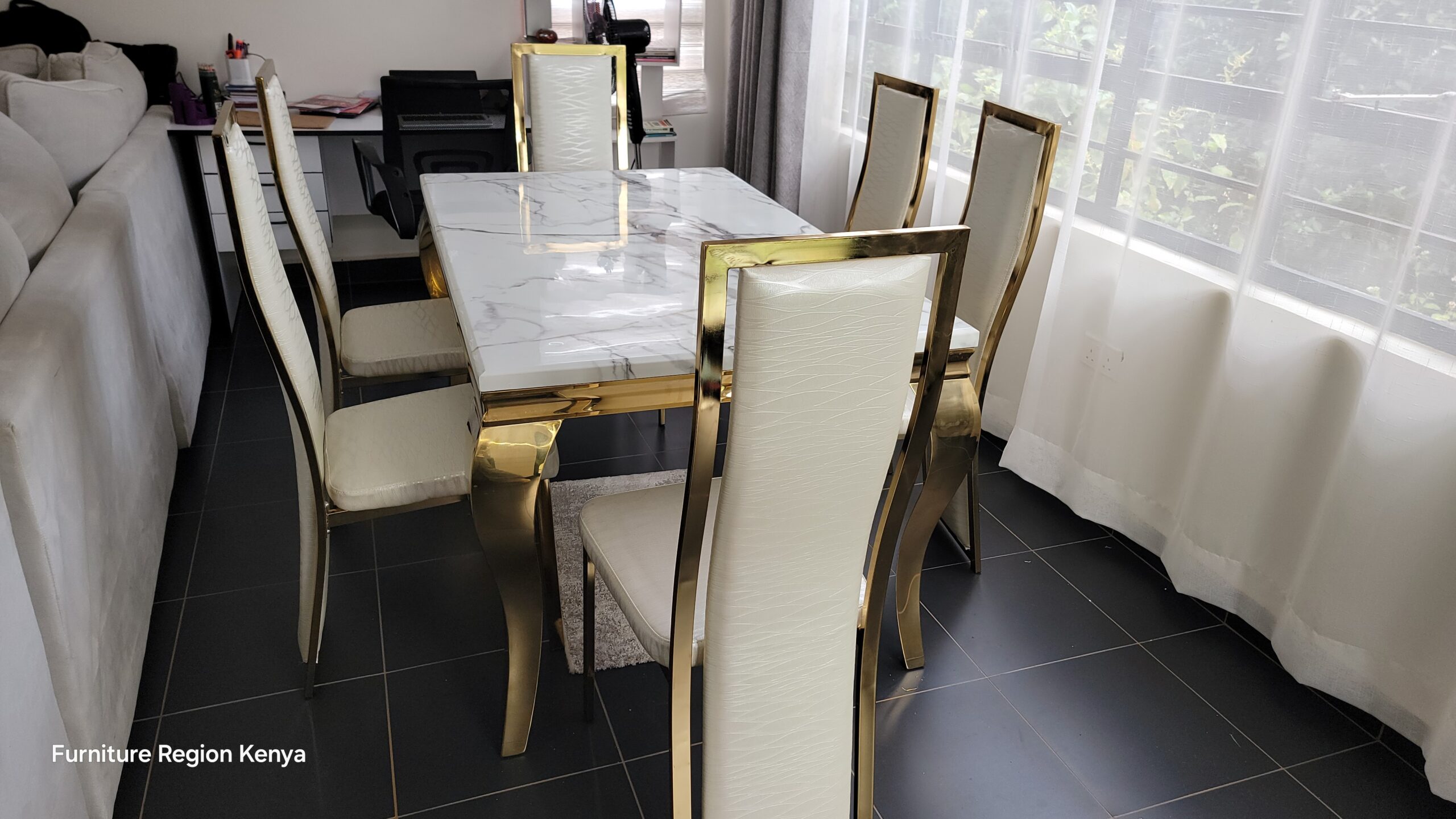 Marble Top and Leather Chairs, Six Seater Dining Table - Image 4