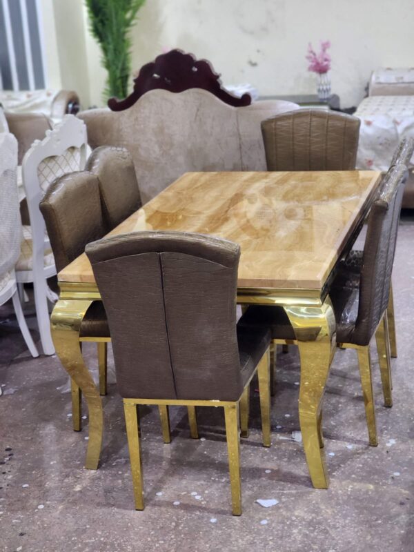 Six Seater Brown Marble Dining Table - Image 2